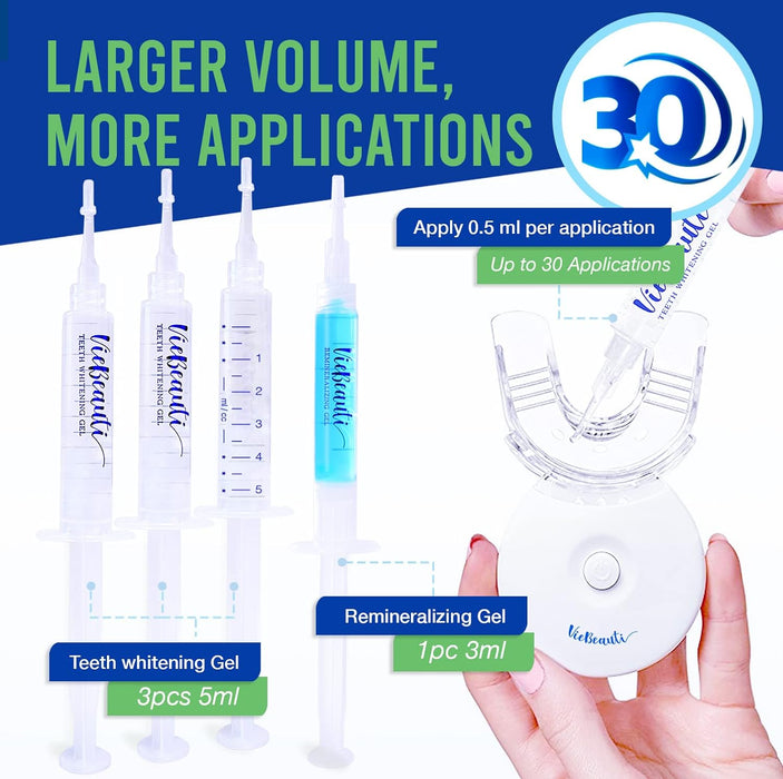 VieBeauti Teeth Whitening Kit - 5X LED Light Tooth Whitener with 35% Carbamide Peroxide, Mouth Trays, Remineralizing Gel and Tray Case - Built-in 10 Minute Timer Restores Your White Smile