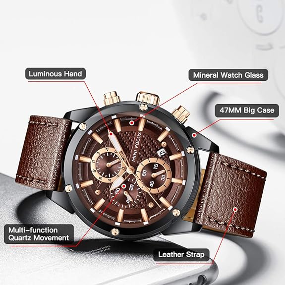 MINI FOCUS Men Watches Business Casual Wrist Watches (Multifunction/Waterproof/Luminous/Calendar) Genuine Leather Band Fashion Watch for Men