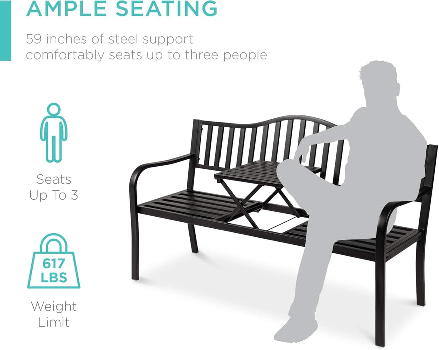 Best Choice Products Outdoor Garden Bench with Pullout Middle Table, Double Seat Steel Metal for Patio, Porch, Backyard