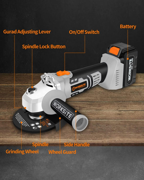 WORKSITE Cordless Angle grinder, 4-1/2 Inch Power Angle Grinder with 4-Pole Motor