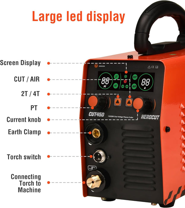 Plasma Cutter, CUT45D 45Amp High Frequency 50/60Hz IGBT Inverter Air Plasma Cutting Machine Max Cutting Thickness 12mm (CUT45D 110V/220V)