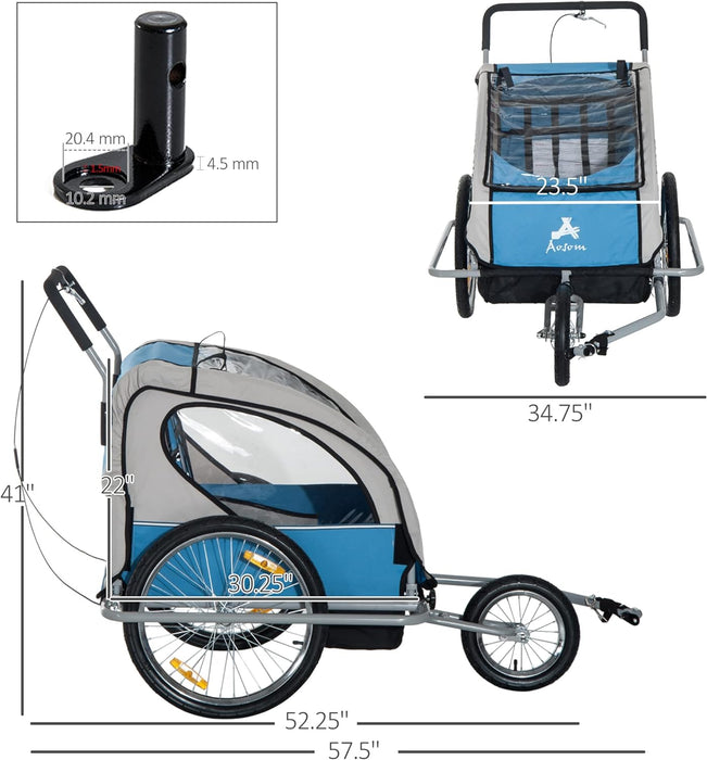 Aosom Elite Three-Wheel Bike Trailer for Kids Bicycle Cart for Two Children with 2 Security Harnesses & Storage