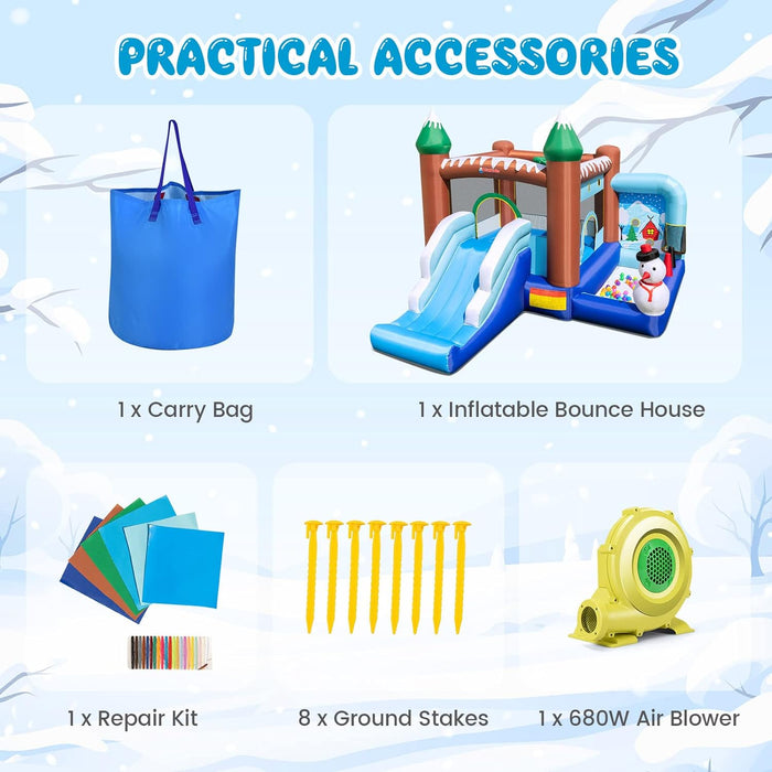 OLAKIDS Inflatable Bounce House, Christmas Snowman Theme Kids Jumping Castle with Slide Ball Pit Basketball Rim, Indoor Outdoor Inflatable Obstacle Course with 680W Blower Carry Bag