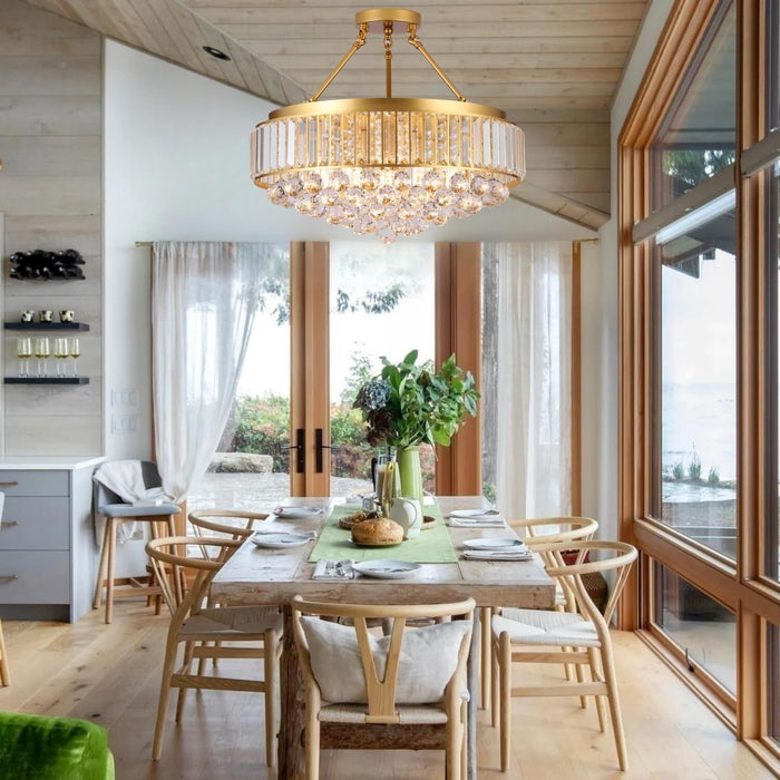 Gold Chandelier,9 Lights E26 Modern Crystal Chandelier Gold Large Round Semi Flush Mount Ceiling Light Fixture Farmhouse Chandelier for Dining Room Living Room Bedroom Kitchen Low Ceiling