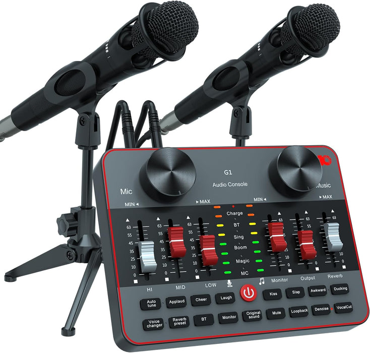 Podcast Equipment Bundle for 2 Mic Tiktok Video Content Creator Kit, Audio Interface w DJ Mixer Sound Card/Board Condenser Microphone for Studio Smartphone/PC/Laptop Broadcast Recording/Live Streaming