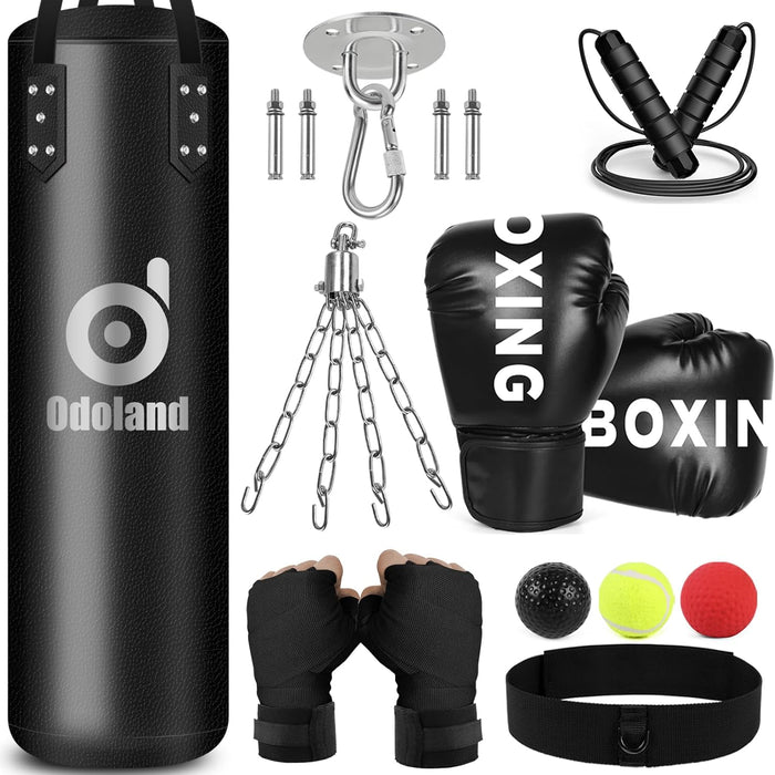 Odoland 4FT Punching Bag Unfilled Set for Adult Men and Women, Kick Heavy Boxing Bag with 12OZ Boxing Punching Gloves, Hand Wraps, 3 Reflex Ball Set, Jumping Rope MMA, Muay Thai