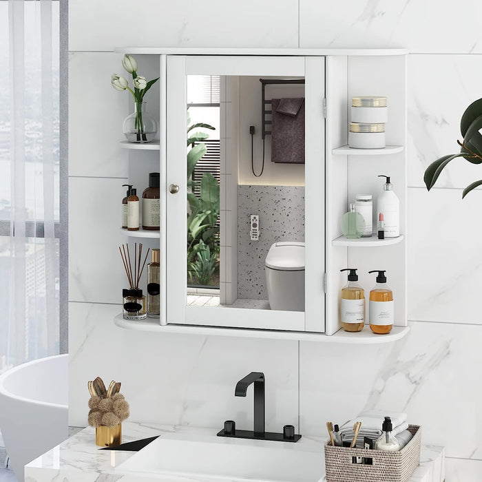 Tangkula Bathroom Medicine Cabinet with Mirror, Wall Mounted Bathroom Storage Cabinet w/Mirror Door & 6 Open Shelves, Adjustable Shelves, Mirrored Bathroom Wall Cabinet (White)