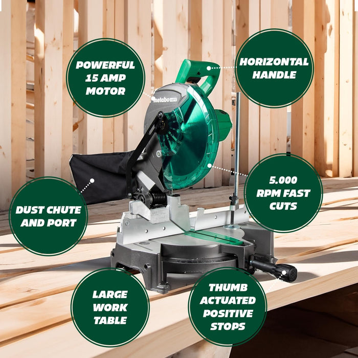 Metabo HPT Compound Miter Saw, 10" Miter Saw with Large Table Saw for woodworking, Power saw with 15-Amp Motor, Accurate Miter Angles, 0-45° Bevel, 24T TCT Miter Saw Blade, Positive Stops, C10FCGS