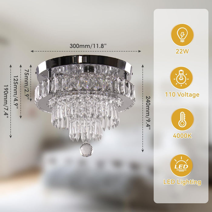 Finktonglan 11.8" Dimmable Crystal Chandelier LED Modern Crystal Ceiling Light, Flush Mount Crystal Chandeliers, 3 Light Colors Adjustable with Remote Control for Bedrooms Living Room Hallway