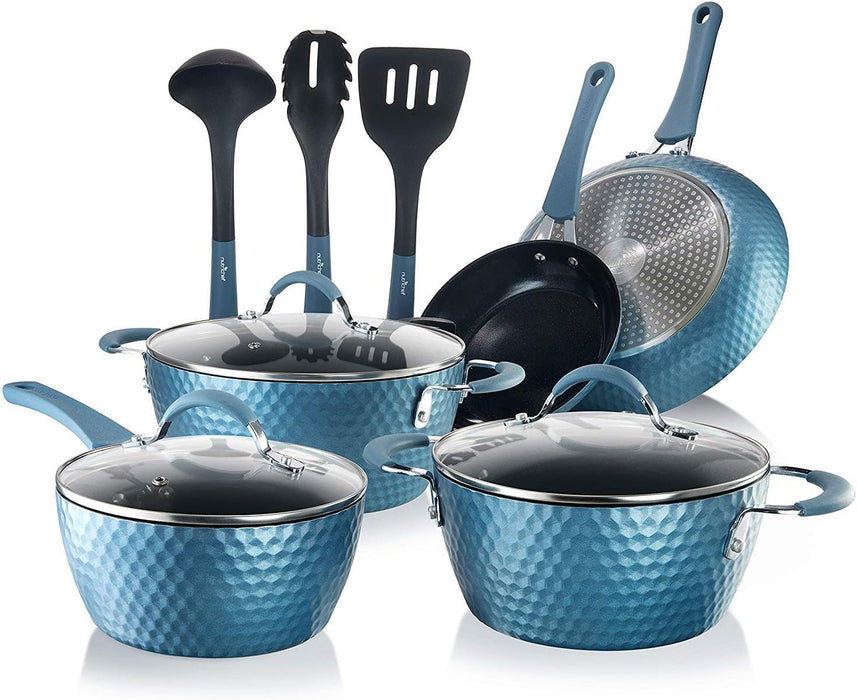 NutriChef 11 Pc Pots and Pans Set Non Stick Cookware with Ceramic Coating, Ergonomic Handles, Induction Ready, Includes Saucepan, Dutch Oven, Large & Small Fry Pans, Royal Blue