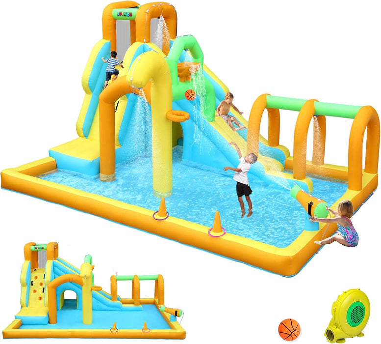 JOYMOR 10-in-1 Inflatable Water Slide w/Water Bucket, Climbing Wall, Tunnel, Water Cannon, Basketball Hoop, Kids Water Slide for Kids 3-10, Backyard Blow Up Water Slide (450w Air Blower)