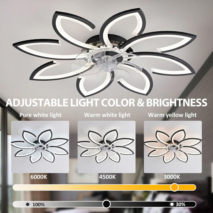 35" Modern Ceiling Fan with Lights Remote Control, Low Profile Ceiling Fan with Lights, Flush Mount Smart Ceiling Fan Light for Bedroom Living Room Kitchen, Reversible Blade, Black