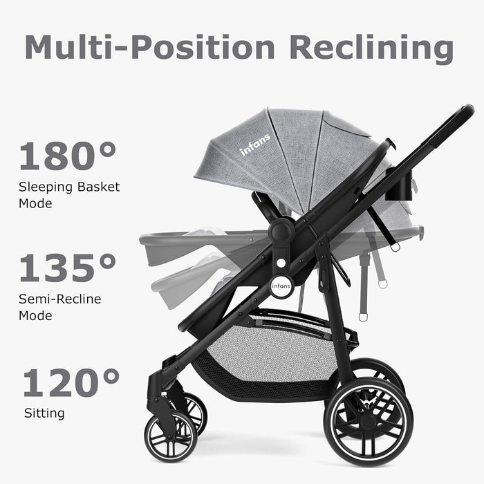 INFANS 2 in 1 Baby Stroller, High Landscape Infant Stroller & Reversible Bassinet Pram, Foldable Pushchair with Adjustable Canopy, Cup Holder, Storage Basket, Suspension Wheels (Grey)