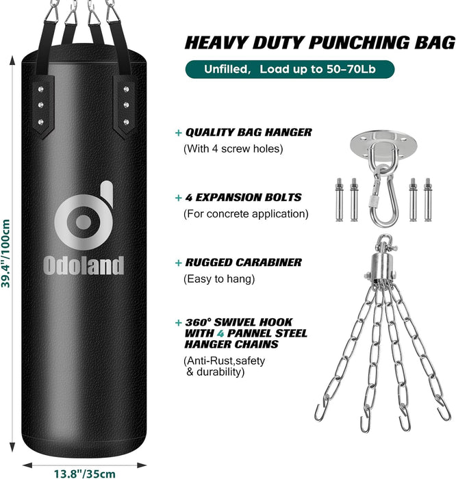 Odoland 4FT Punching Bag Unfilled Set for Adult Men and Women, Kick Heavy Boxing Bag with 12OZ Boxing Punching Gloves, Hand Wraps, 3 Reflex Ball Set, Jumping Rope MMA, Muay Thai