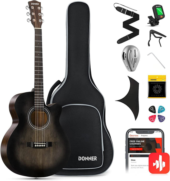 Donner Acoustic Guitar for Beginner Adult 40 Inch Cutaway Acustica Guitarra Bundle Kit with Pickup Online Lesson Bag Tuner Capo Strap Mini Jumbo Travel Teen Right Hand Black Brown DAJ-110CD