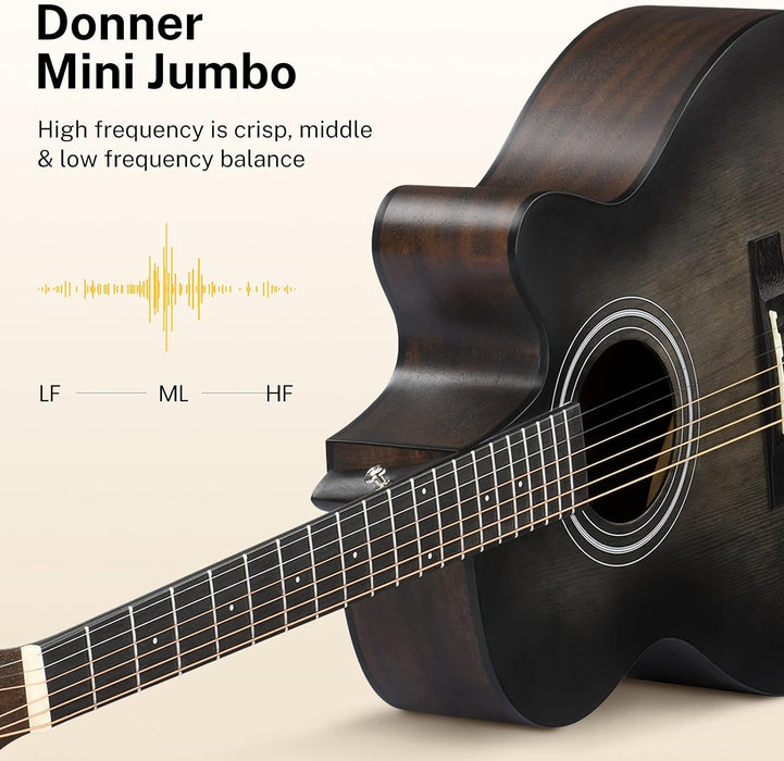 Donner Acoustic Guitar for Beginner Adult 40 Inch Cutaway Acustica Guitarra Bundle Kit with Pickup Online Lesson Bag Tuner Capo Strap Mini Jumbo Travel Teen Right Hand Black Brown DAJ-110CD