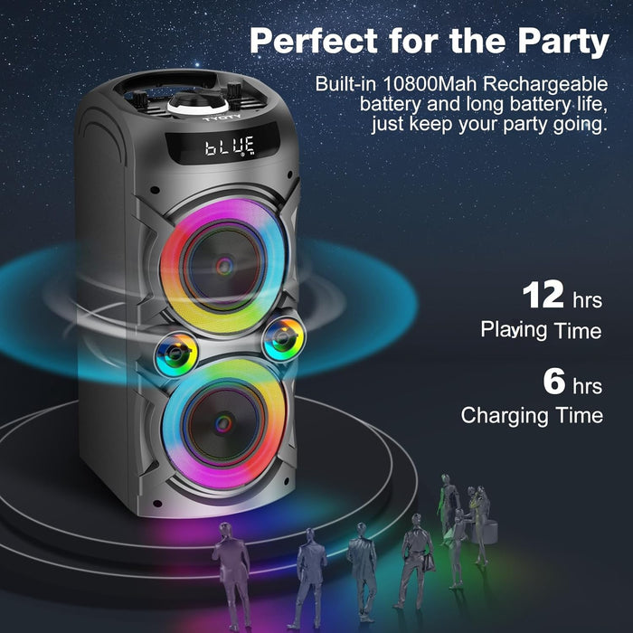 Karaoke Machine with 2 Wireless Microphones, Portable PA System Big Bluetooth Speaker with LED Lights, Remote Control Support Bass/Treble Adjustment, TF Card/USB, REC for Adult Kids Home Party