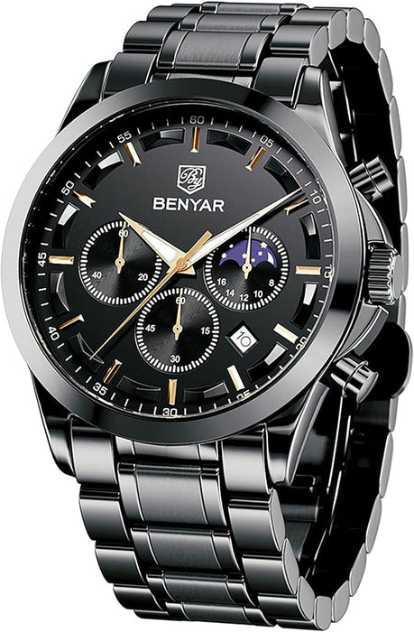 BENYAR Mens Watches Waterproof Wrist Watch for Men Multifunction Chronograph Black Fashion Business Casual Sport Designer Dress Watch with Calendar Leather/Stainless Steel Strap