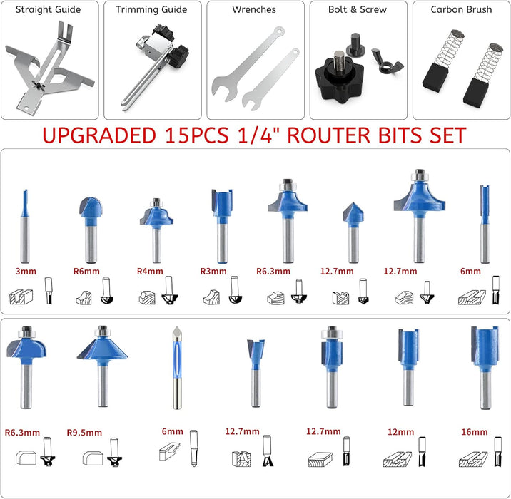 TwoWin Compact Router Tool, 110V 800W Hand Palm Wood Router Laminate Trimmer for Woodworking Carving Trimming with 15 Pcs 1/4" Router Bits