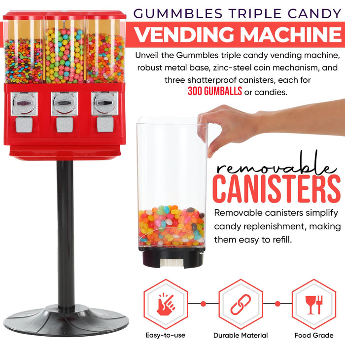 Candy Vending Machine with Stand for Business and Home - Triple Coin Operated Vending Machine Using Quarters - Commercial Gumball Machine with Stand for Sale Use for Gumballs Toys Capsules (Red)