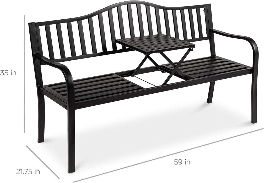 Best Choice Products Outdoor Garden Bench with Pullout Middle Table, Double Seat Steel Metal for Patio, Porch, Backyard