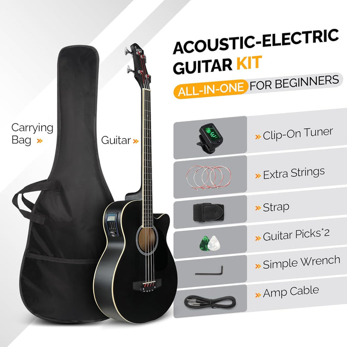 GLARRY Full Size Acoustic Electric Bass Guitar Beginner Kit, Cutaway 4 Strings Electric Acoustic Bass Guitar w/Inbuilt Tuner, Bag, Strap, Picks, Strings, Basswood Bass Guitarra, Matte Black