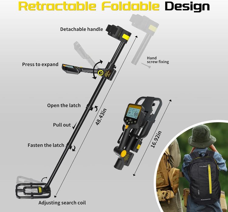 LOLARAN Metal Detector for Adults Professional, Rechargeable Lithium Battery Powered, Wireless Adjustable Retractable Foldable Metal Detector Waterproof High