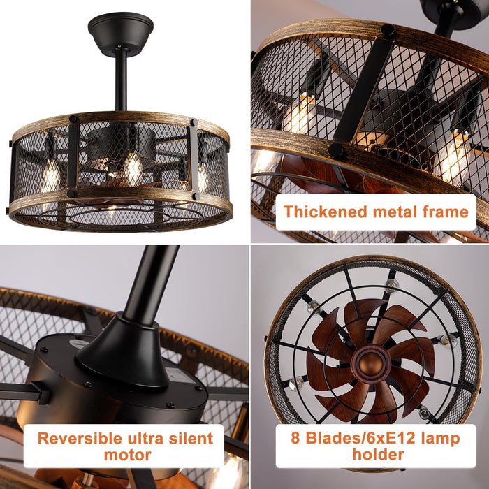 Farmhouse Fandelier Ceiling Fan with Light, 6-Lights, Caged Small Ceiling Fans with Lights and Remote, Rustic Bladeless Low Profile Ceiling Fan with Light for Kitchen, Living Room