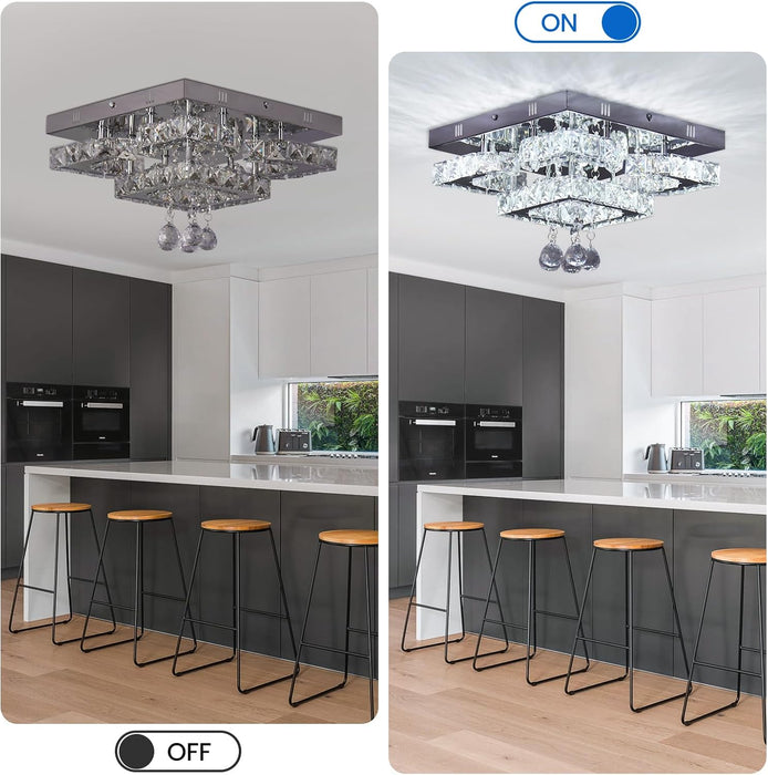 CXGLEAMING 11.8" Modern Crystal Chandelier LED Flush Mount Ceiling Light Fixture 4 Petals/Raindrop Ball Square Chandeliers for Bedroom Living Room Hallway (Cool White)