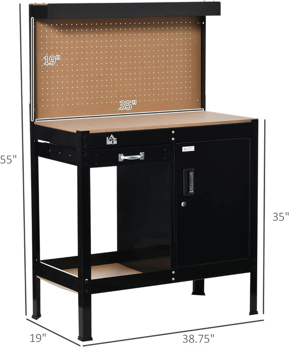 HOMCOM Multipurpose Workbench, Workshop Tool Table with Slide Drawer. Peg Board, Storage Cabinet with Keys