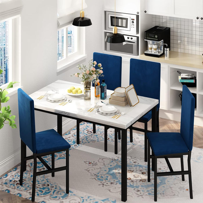 Hooseng Dining Table Set for 4- Space Saving Kitchen Table and Chairs for 4, Modern Style Faux Marble Tabletop & 4 Blue Velvet Chairs for Dining Room, Kitchen, Breakfast Corner Small Spaces, Blue