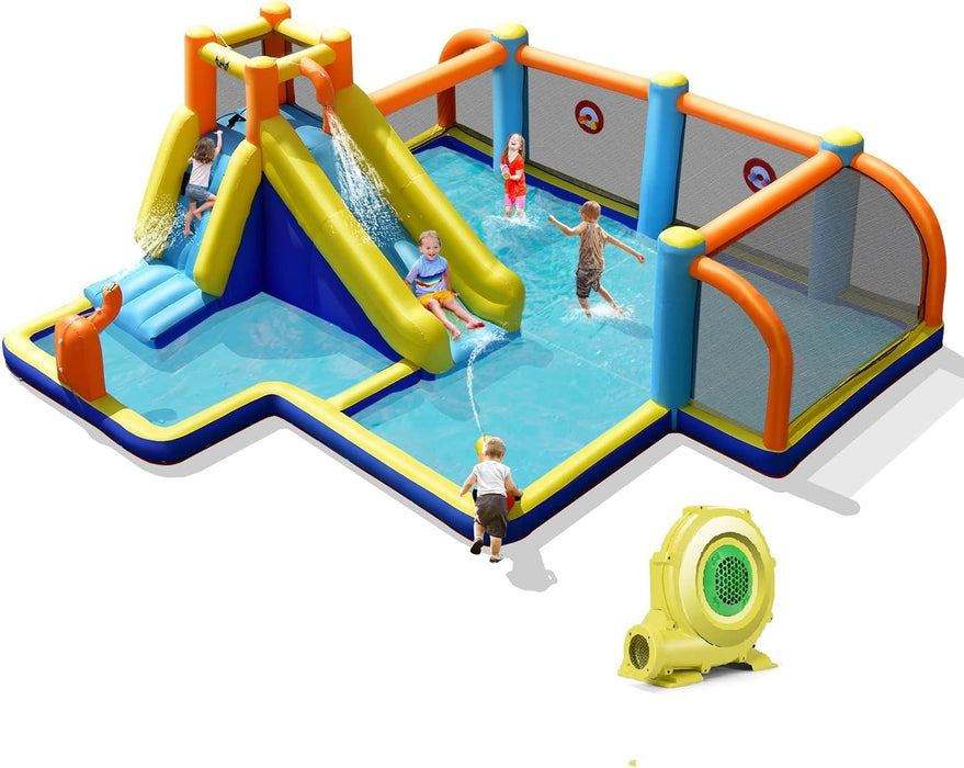 BOUNTECH Inflatable Water Slide, 15x16.5FT Mega Water Soccer Waterslide Park for Outdoor Fun with Splash Pool, 735w Blower, Climbing, Water Slides Inflatables for Big Kids Backyard Party Gifts