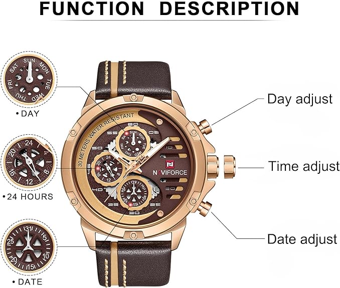 NAVIFORCE Sport Military Watches for Men Waterproof Watch Analog Quartz Leather Band Date Calendar Clock Wristwatch