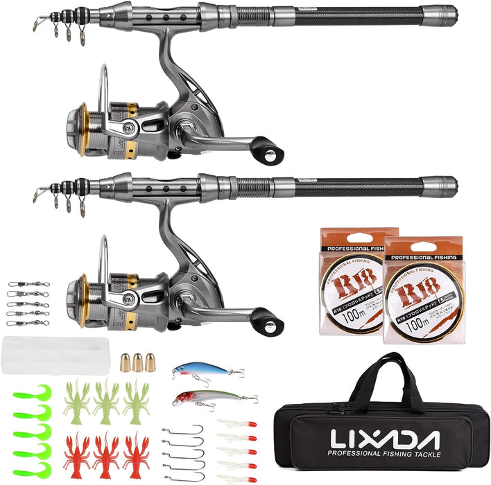 Lixada 2PCS Fishing Pole Combo Set 1.5/1.8/2.1/2.4m Rod Reel Telescopic Fishing Rod Carbon Fiber Spinning Reels Fishing Set with Hooks Soft Lures Barrel Swivels Storage Bag