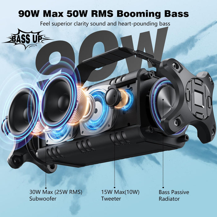 W-KING Bluetooth Speaker, 90W Peak 50W RMS Powerful Bluetooth Speaker Loud IPX6 Waterproof, Large Outdoor Portable Speaker Wireless Deep Bass/Bluetooth 5.0/Power Bank/40H Playtime/TF-Card/AUX/NFC/EQ