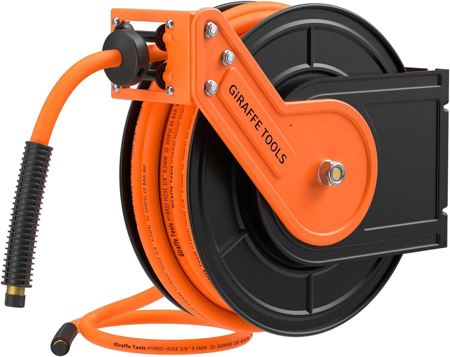 Giraffe Tools TA15B Retractable Air Hose Reel Wall Mount 3/8" x 50 ft Hybrid Hose, Air Compressor Heavy Duty Steel Reel Auto Rewind 300PSI, 50ft, Tangelo