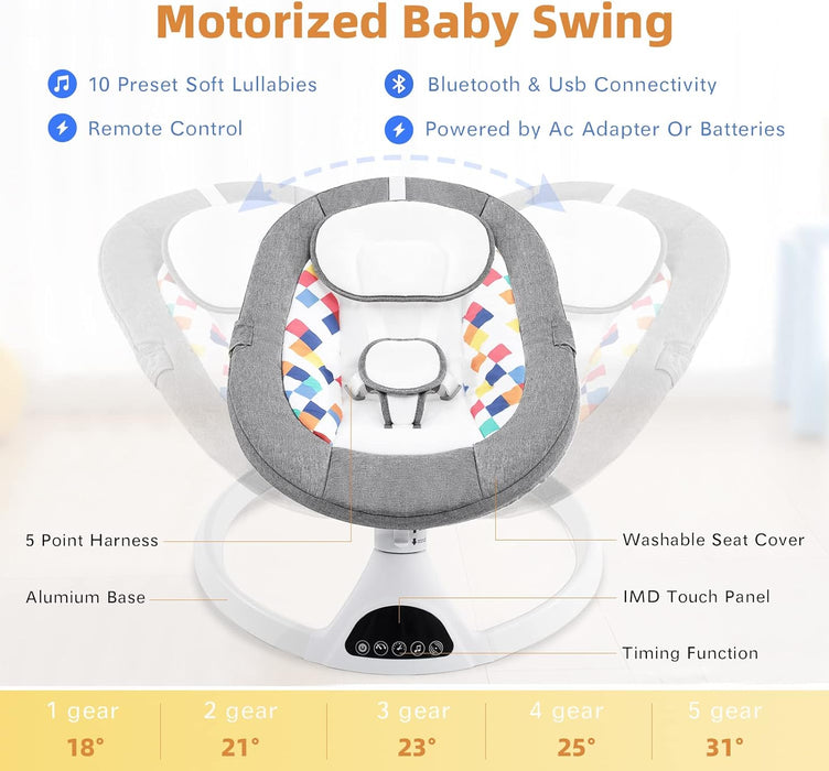 Jaoul Electric Portable Baby Swing for Infants, Newborn, Bluetooth Touch Screen/Remote Control Timing Function 5 Swing Speeds Aluminum Baby Rocker Chair with Music Speaker 5 Point Harness Gray