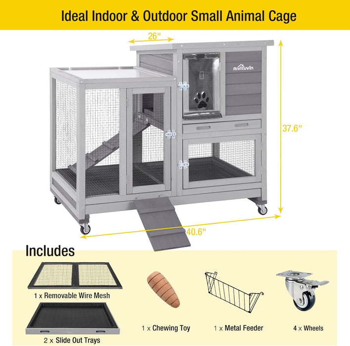 Aivituvin Wooden Bunny Hutch Indoor- Outdoor Rabbit Guinea Pig Cage for Small Animals with Exclusive Two Trays & Bottom Wire Mesh (Grey)