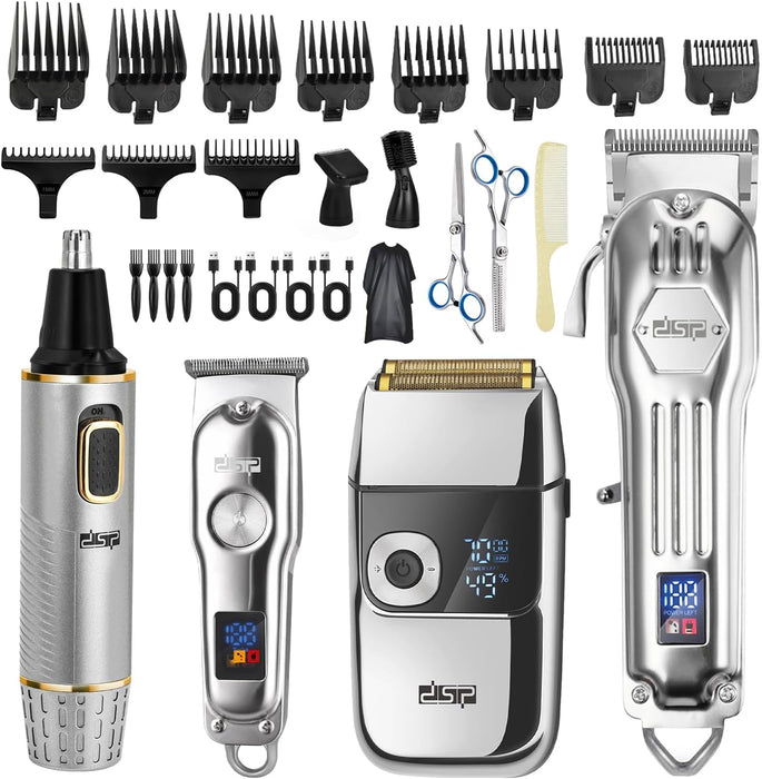 DSP 4-in-1 Pro Barber Kit: Cordless Hair Clipper, Trimmer, Shaver & Nose Hair Remover - Styling & Grooming Set with Scissors, Fade Tools, LED Display