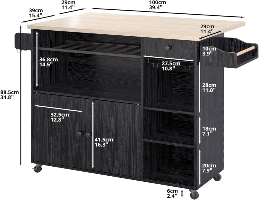 IRONCK Rolling Kitchen Island Cart with Drop-Leaf and Wine Rack, Microwave Rack Serving Cart on Wheels with Drawer & Shelves & Spice Rack & Cup Hanging, Black