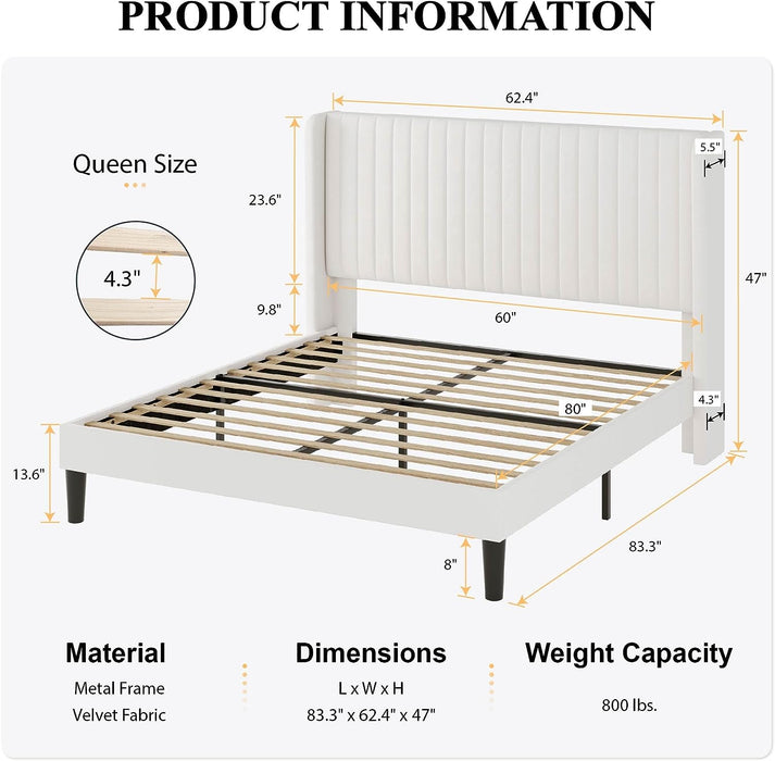 SHA CERLIN Queen Size Velvet Bed Frame with Vertical Channel Tufted Wingback Headboard, Upholstered Platform Bed with Wood Slats, No Box Spring Needed, Easy Assembly, White