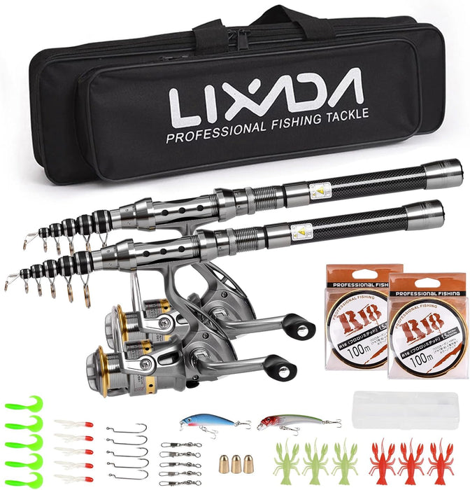 Lixada 2PCS Fishing Pole Combo Set 1.5/1.8/2.1/2.4m Rod Reel Telescopic Fishing Rod Carbon Fiber Spinning Reels Fishing Set with Hooks Soft Lures Barrel Swivels Storage Bag