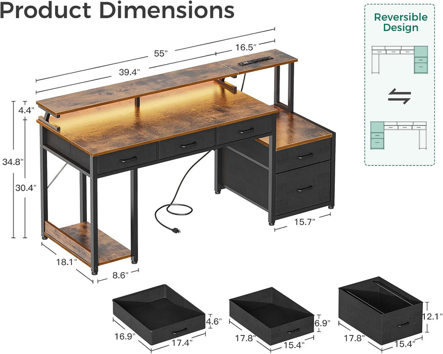 AODK Office Desk with File Drawer, 55 Inch Reversible Computer Desk with 4 Drawers & Power Outlet, LED Strip, Home Office Desk with Monitor Shelf & CPU Stand, Gaming Desk, Rustic Brown