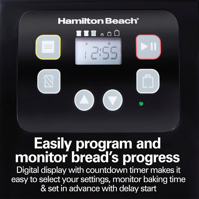 Hamilton Beach Bread Maker Machine, Digital, Programmable, 12 Settings + Gluten Free, Dishwasher Safe Pan + Kneading Paddle, 2 lb Capacity, Black (29982)