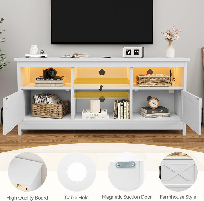 DWVO Farmhouse TV Stand for TVs Up to 65 Inch,, Modern Entertainment Centre with Power Outlet, TV Shelf with Storage Cabinet, Television Stands for Living Room, Media Console, 59" White