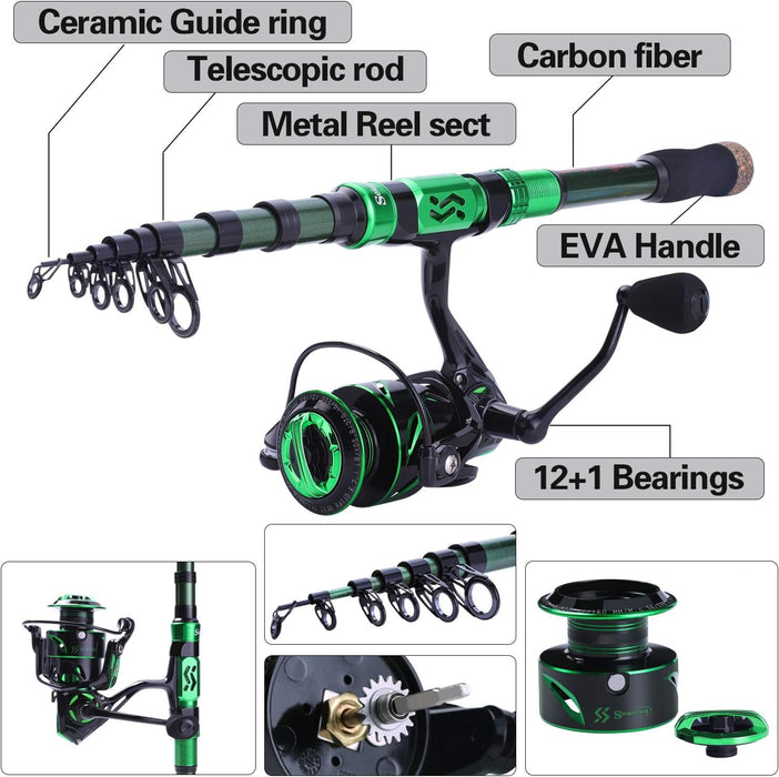 Sougayilang Fishing Rod and Reel Set Carbon Fiber Telescopic Fishing Rod 12+1BB Spinning Reel with Carry Case for Saltwater Freshwater