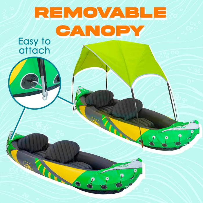 KP Inflatable Kayak 2 Person with Sun Canopy (Detachable) + Kayaks for Adults + 3rd Seat for Dog/Child + Waterproof Phone Bags + Adjustable Seats + Backrests + More + New 2024
