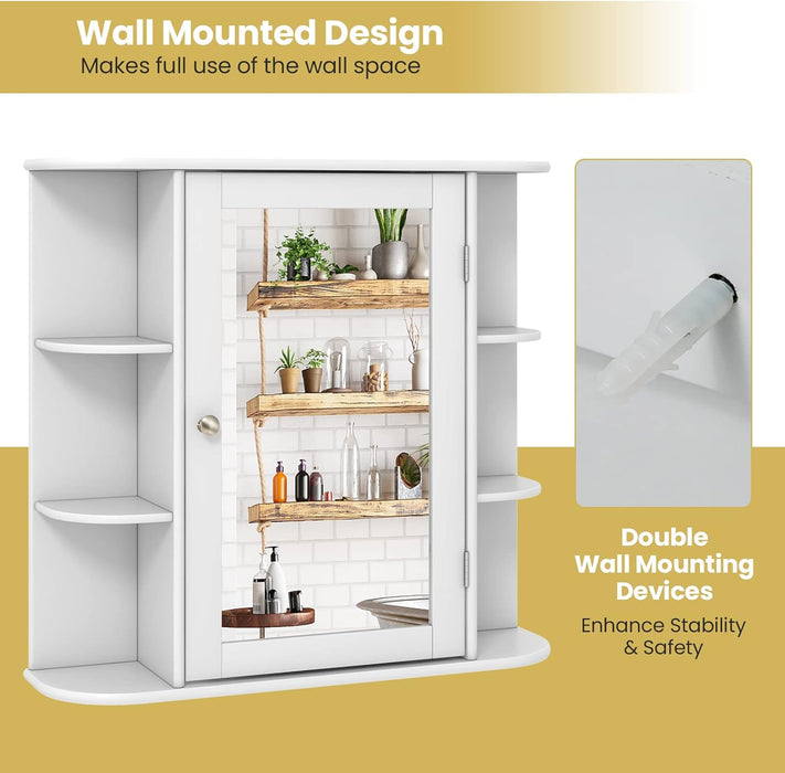 Tangkula Bathroom Medicine Cabinet with Mirror, Wall Mounted Bathroom Storage Cabinet w/Mirror Door & 6 Open Shelves, Adjustable Shelves, Mirrored Bathroom Wall Cabinet (White)