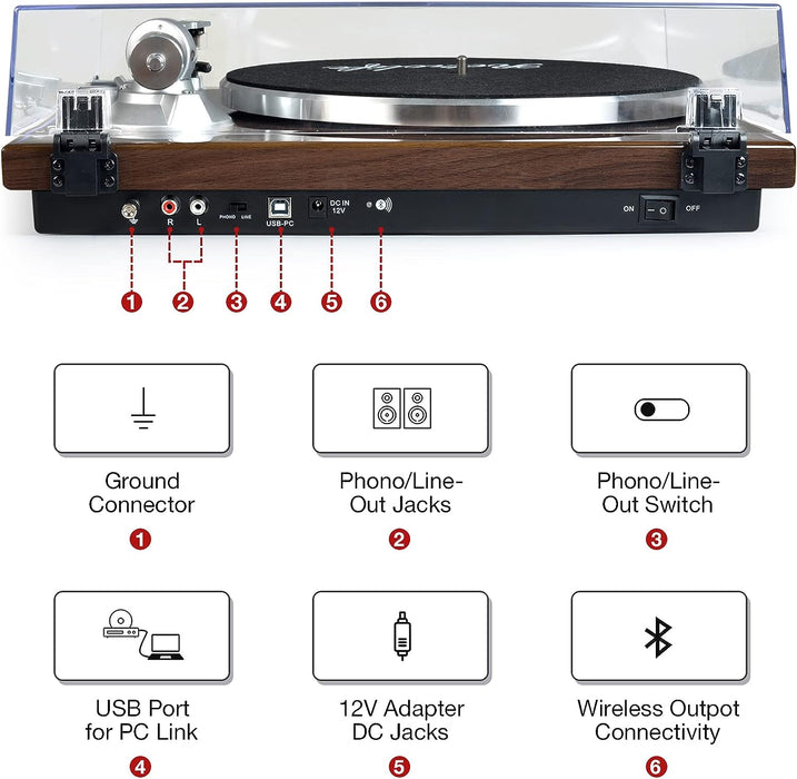 Turntables Belt-Drive Record Player with Wireless Output Connectivity, Vinyl Player Support 33&45 RPM Speed Phono Line USB Digital to PC Recording with Advanced Magnetic Cartridge&Counterweight