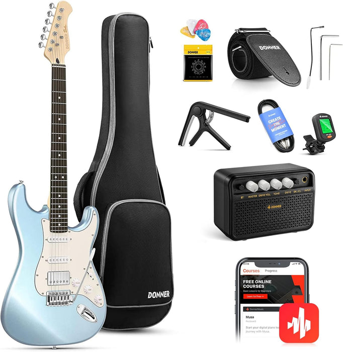 Donner DST-152R Electric Guitar, 39" Beginner Electric Guitar Kit, HSS Pickup with Coil Split, Guitar Starter Set with Amp, Bag, All Accessories, Metallic Ice Blue